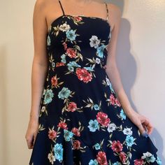 Navy Blue Floral Target Dress Blue Summer Dress For Date Night, Blue Floral Print Midi Dress For Date Night, Blue Fitted Sundress For Casual Wear, Blue Floral Midi Dress For Date Night, Casual Blue Lined Dress, Blue Lined Dress For Dress Down Occasions, Blue Floral Sundress For Brunch, Blue Lined Midi Dress, Chic Blue Floral Midi Dress