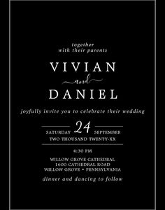 a black and white wedding card with the words,'elegantly inviting you to celebrate their