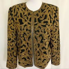 Baldanza 100% Silk Heavy Beaded Embroidery Jacket Size 4. This An Absolutely Gorgeous Jacket, 100% Out Shell With Beautiful Beaded Embroidery! It’s In Like New Condition!! Material 100% Silk 100% Rayon Elegant Beaded Festive Outerwear, Fitted Winter Outerwear With Gold Embroidery, Winter Party Outerwear With Gold Embroidery, Elegant Fitted Outerwear With Gold Embroidery, Party Blazer With Gold Embroidery And Long Sleeves, Party Long Sleeve Blazer With Gold Embroidery, Gold Embroidered Party Outerwear, Fitted Gold Embroidered Outerwear, Festive Fitted Beaded Outerwear