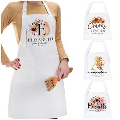 a woman wearing an apron with the letter e on it