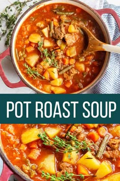 a pot filled with meat and potatoes next to a bowl full of soup on a table