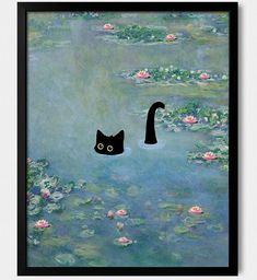 a black cat is floating in the water with lily pads