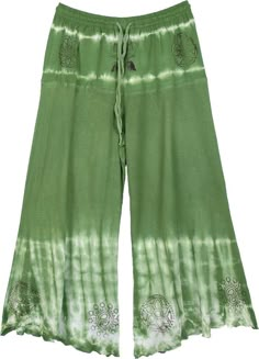 Leaf Green Boho Tie Dye Capri Pants | Short-Skirts | Green | Split-Skirts-Pants, Junior-Petite, Vacation, Tie-Dye Boho Cotton Pants, Comfortable Green Spring Bottoms, Comfortable Green Bottoms For Spring, Comfortable Green Summer Bottoms, Comfortable Green Bottoms For Summer, Casual Green Summer Pants, Green Relaxed Fit Bottoms For Summer, Spring Beach Cotton Capris, Green Summer Pants With Elastic Waistband