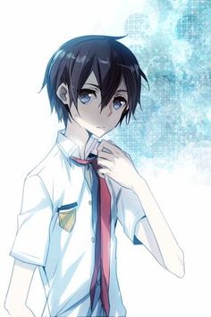 an anime boy with black hair and blue eyes wearing a white shirt, red tie