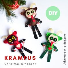 three christmas ornaments made to look like animals on a white background with the words kramus written below