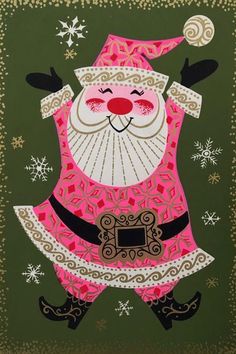 a green and pink christmas card with a santa clause on it's face, in front of snowflakes