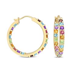 Ross-Simons - 2.28ct t. w. Multi-Gemstone Inside-Outside Hoop Earrings Over Sterling. 1 1/6". Jump-start your look with a rainbow of vibrant color! These lively inside-outside hoop earrings show off 2.28 ct. tot. gem wt. pink tourmaline, amethyst, garnet, citrine, peridot and sky blue topaz in polished 18kt yellow gold over sterling silver. Hanging length is 1 1/16". Snap-bar, multi-gemstone inside-outside hoop earrings. Peridot Color, Topaz Color, Peridot Stone, Amethyst Color, Natural Gold, Classy Jewelry, Earrings Hoop, Sky Blue Topaz, Colorful Earrings