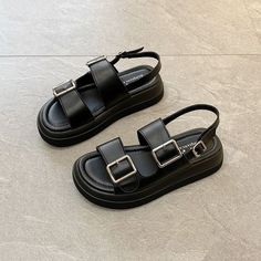 Product information: Lining material: PU leather Toe holder shape: round head Color: Black, creamy-white Shoe Upper material: two-layer cowhide (except cow suede) Size: 35,36,37,38,39,40 Wearing style: ankle-strap buckle Sole material: rubber Style: Korean style Packing list: Sandals*1pair White Shoe, Wearing Style, Head Color, Leather Sandals Women, Buckle Sandals, Style Korean, White Shoes, Metal Buckles, Packing List