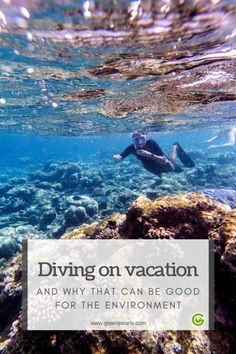 a person swimming in the ocean with text saying diving on vacation and why that can be good for the environment