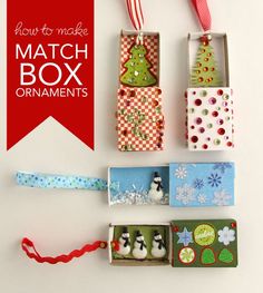 christmas ornaments made out of match boxes and ribbon