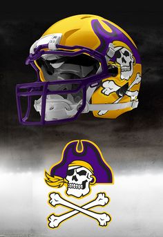 a football helmet with a skull and crossbones on the side is shown in two different colors