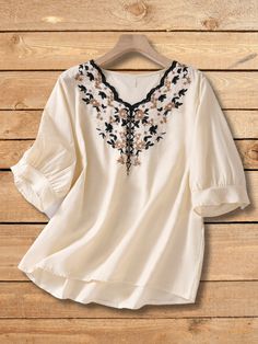 Women's Linen Blouse Embroidery Floral V-Neck Mid Sleeve Top Spring Floral Embroidered V-neck Top, Bohemian V-neck Blouse With Embroidered Hem, Casual V-neck Blouse With Embroidered Sleeves, Casual V-neck Blouse With Embroidered Neckline, Summer V-neck Top With Geometric Embroidery, Elegant V-neck Blouse With Floral Embroidery, Casual V-neck Blouse With Geometric Embroidery, Elegant Summer Tops With Geometric Embroidery, Bohemian V-neck Top With Resham Embroidery