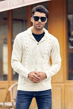 Stay warm and stylish in this classic men's sweater. The cable knit fabric and long sleeve design keep you warm, while the button neck provides a snug fit for added comfort. Perfect for casual or formal occasions. 80% Acrylic, 20% Cotton Pull On closure Hand Wash Only Casual pullover sweater for men, it features a polo neck design, various knitted patterns, ribbed hem and cuffs, regular fit, fashionable and vintage look. Material: 20% cotton + 80% acrylic, comfortable knitted fabric with sligthl Long Sleeve Cable Knit Polo Sweater, Cable Knit Long Sleeve Polo Sweater, Classic Cable Knit Polo Sweater For Winter, Classic Winter Cable Knit Polo Sweater, Classic Long Sleeve Cable Knit Polo Sweater, White Cable Knit Long Sleeve Polo Sweater, Irish Clothing, Casual Pullover Sweater, Slim Fit Sweater