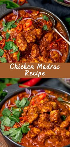 chicken madaras recipe in a pan with cilantro and red onion garnish