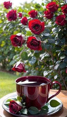 there is a cup and saucer on the table with red roses in the background