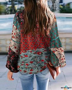 Women's Bohemian Print Casual Lantern Sleeve Blouses Fall Bohemian V-neck Blouse, Fall Patchwork V-neck Blouse, Bohemian V-neck Peasant Top With Floral Print, Multicolor V-neck Peasant Top For Fall, Bohemian V-neck Blouse With Boho Print, Bohemian V-neck Top With Boho Print, Bohemian Flowy V-neck Top, Bell Sleeve Tops For Fall Vacation, Fall Vacation Tops With Bell Sleeves