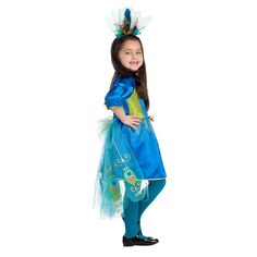 Spread those elegant wings and fly door to door on Halloween wearing this Peacock Girls Costume. Colorful dress and wings display vibrant colors of indigo, aquamarine, and emerald, with hints of gold embroidery at the front and the hem of the dress. Feathery headpiece also included to top off your look. Matching headband has multi color feathers. Versatile: Great for Halloween stage, kids parties or one-on-one play time year round Additional Features: ► Very durable: resistant to most chemicals, Peacock Costume, Blue Satin Dress, Dress For Kids, Peacock Dress, Colorful Dress, Peacock Design, Gold Embroidery, Matching Headband, Blue Satin