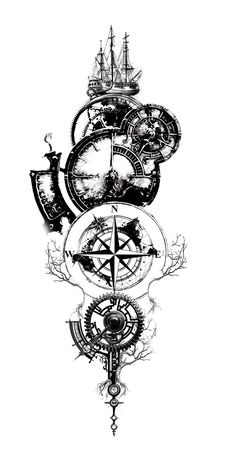 a black and white drawing of a compass with ships in the background on a white background