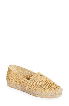 A fishnet-inspired raffia overlay brings breezy charm to this espadrille that merges laid-back style and elevated detailing. 1/2" platform (size 39) Synthetic upper/leather lining/synthetic sole Made in Spain Women's Designer Shoes Beige Woven Leather Espadrilles For Spring, Woven Straw Espadrilles With Round Toe, Straw Espadrilles With Woven Sole And Flat Heel, Chic Straw Espadrilles With Woven Sole, Chic Woven Straw Espadrilles, Designer Espadrilles With Woven Sole For Vacation, Spring Beige Woven Leather Espadrilles, Elegant Beige Straw Espadrilles, Woven Leather Espadrilles With Round Toe