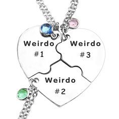 PRICES MAY VARY. Unique Trio Necklace Set: Embrace the quirkiness with our Weirdo 1, Weirdo 2, Weirdo 3 Necklace Heart BFF Set! Crafted from high-quality stainless steel, these three necklaces come together to form a heart, symbolizing the unbreakable bond of friendship. Perfect for best friends, sisters, or any trio of kindred spirits. Heartfelt Friendship Jewelry: Express your unique connection with this special BFF necklace set. Each necklace is engraved with "Weirdo 1," "Weirdo 2," or "Weird Trio Friendship Necklace, Fun Silver Jewelry For Friendship, Fun Nickel-free Jewelry For Friendship, Novelty Personalized Jewelry For Friendship, Personalized Novelty Jewelry For Friendship, Multicolor Jewelry For Best Friend Valentine's Gift, Multicolor Jewelry For Best Friend On Valentine's Day, Multicolor Jewelry For Best Friend's Mother's Day Gift, Personalized Multicolor Necklaces For Best Friend