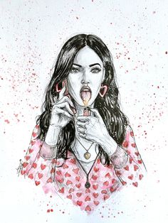 a drawing of a woman holding a cell phone up to her mouth and making a weird face