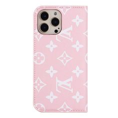 a pink iphone case with white louis vuitton pattern on the front and sides