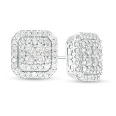 Bold and classic, these diamond stud earrings are a jewelry box must-have. Crafted in cool 10K white gold, each anytime earring features a composite of sparkling 1/20 ct. diamonds wrapped in a double cushion-shaped frame of diamonds. Captivating with 1-1/4 cts. t.w. of diamonds and a bright polished shine, these post earrings secure comfortably with friction backs. Fine Jewelry Cluster Earrings For Anniversary, Classic Cluster Diamond Earrings As Gift, Diamond White Cluster Earrings With Diamond Accents, Classic Cluster Diamond Earrings For Gift, Fine Jewelry Cluster Earrings With Diamond Accents, Anniversary Cluster Diamond Earrings With Accents, Classic Cluster Jewelry With Pave Setting, Anniversary Cluster Diamond Earrings, Fine Jewelry Diamond Cut Diamond Earrings For Anniversary