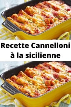 two pictures of a casserole dish with cheese and tomato sauce in the bottom