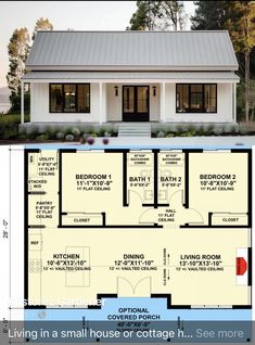 the floor plan for a small house or cottage with three bedroom and an attached garage