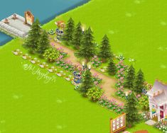 an image of a computer game showing a house in the middle of a field with trees and flowers