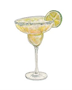 a drawing of a margarita cocktail in a coupe glass with a lime slice on the rim