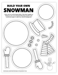 the build your own snowman craft kit is shown in black and white with text