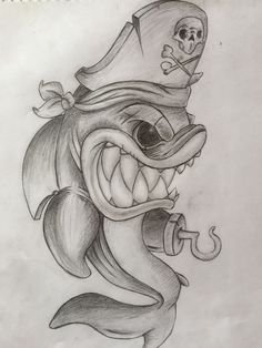 a drawing of a fish with a pirate hat on it's head and a hook in its mouth