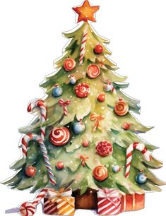 a watercolor christmas tree with candy canes and candies on the bottom,