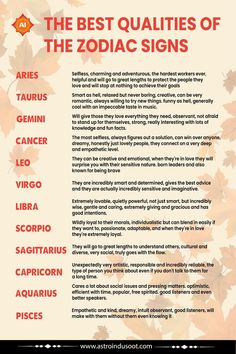 the zodiac sign is written in red and orange with leaves on it, as well as an