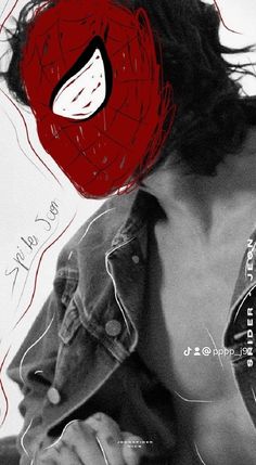 a black and white photo with a red spiderman on it's face,