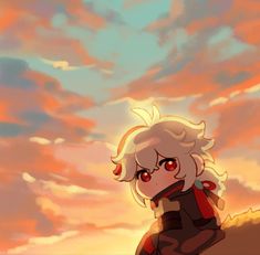 an anime character with blonde hair and red eyes standing in front of a sunset sky