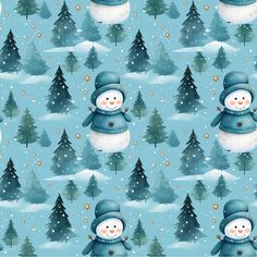 a snowman is standing in the middle of a blue background with trees and snow