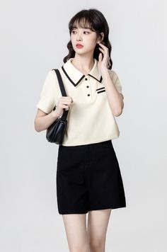 Beige Polo Collar Short Sleeve Shirt Anzu M Korean Blouses, Korean Shirts, Cropped Polo Shirt, Fashion Chingu, Minimalist Shirts, Green Polo Shirts, Leopard Print Shorts, Black Tie Dye, Loose Shirts