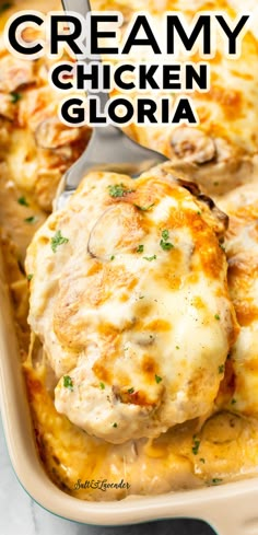 a casserole dish filled with creamy chicken and cheese