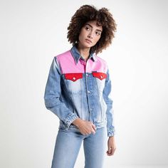 Crafted From Stonewashed And Colored Denim Panels, This Classic Calvin Klein Jeans Denim Trucker Jacket With A Street-Savvy Twist. - Double Chest Pockets With Classic V Flaps + Metal Buttons Down The Front - Color Block Panels At The Top - A Small Logo Tab Above A Chest Pocket + A Singature Logo Patch On The Back Of The Hem - Tonal Stitch Detailing - Polished Metal Hardware With Branded Logo Detailing Runs Small Measurements Armpit To Armpit 22 Inches From Shoulder To Bottom 24 Inches Retro Spring Denim Jacket With Patch Pockets, Casual Spring Outerwear With Contrast Color, Casual Pink Outerwear With Contrast Color, Pink Casual Outerwear With Color Block, Trendy Pink Outerwear With Contrast Color, Calvin Klein Cotton Outerwear For Fall, Casual Red Outerwear With Patch Pockets, Spring Cotton Outerwear With Contrast Color, Casual Spring Color Block Outerwear