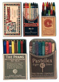 six different colored crayons in tins