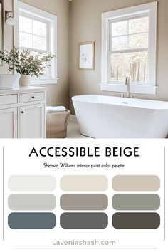 an image of a bathroom with white fixtures and neutral colors on the walls, along with text that reads accessible bege