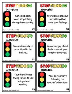 four traffic lights with the words stop and think