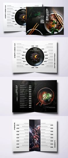 three different views of an open menu with chopsticks on it