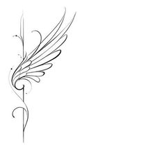 a black and white drawing of an angel's wing with swirls on it