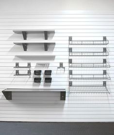 shelves and shelving are arranged on the wall