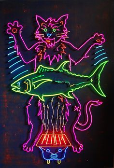 a neon sign with two cats and a fish on it's back, in front of a black background