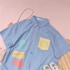 Material: polyester/other Color:Blue,White Size:M,L,XL,XXL Size reference: Preppy Blue Short Sleeve Shirt, Blue Kawaii T-shirt With Crew Neck, Kawaii Short Sleeve Pre-shrunk T-shirt, Multicolor Kawaii T-shirt For Spring, Blue Harajuku Style Short Sleeve T-shirt, Style Preppy, Soft Grunge, Kawaii Clothes, Denim Button Up