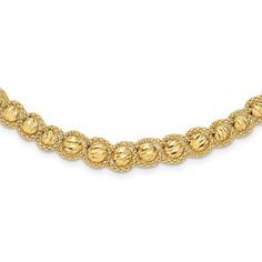 Accent any outfit with this beautiful beaded necklace in 14K yellow gold. Polished for perfect shine, this 17-inch long necklace features brilliant diamond-cut and textured detailed beads for a sophisticated allure. A reliable fancy lobster clasp ensures your necklace stays securely around your neckline. | Belk & Co 14K Yellow Gold Polished Textured and Diamond-cut Beaded Necklace Formal Yellow Gold Beaded Necklaces, Yellow Gold Beaded Necklaces For Formal Occasions, Elegant Gold Necklaces With Spacer Beads, Gold Rondelle Beaded Necklaces, Gold Rondelle Necklaces For Formal Occasions, Gold Rondelle Necklace For Formal Occasions, Elegant Gold Rondelle Beaded Necklaces, Gold Fine Jewelry With Faceted Beads, Formal Gold Necklaces With Spacer Beads